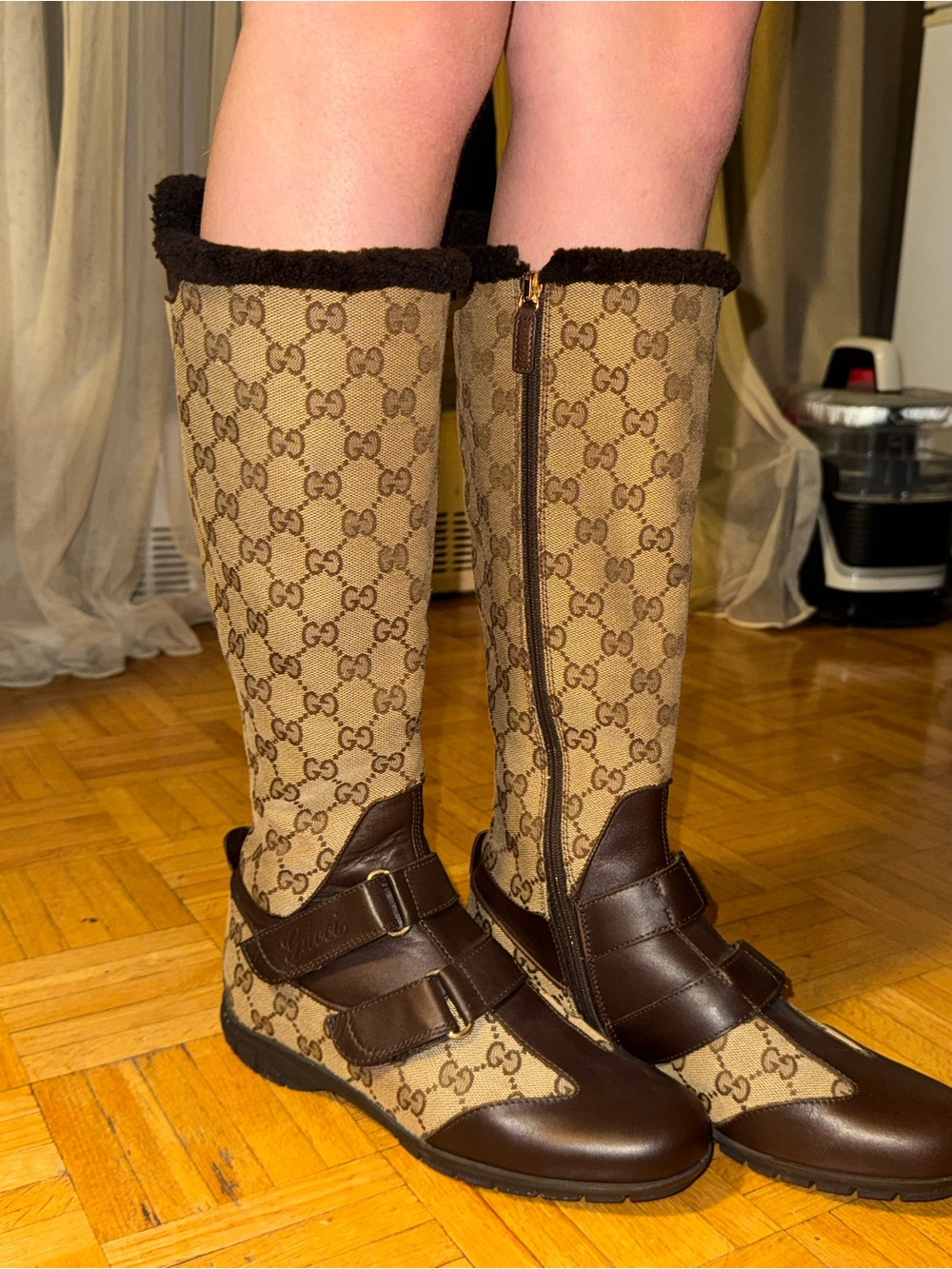 Gucci Brown GG Canvas Over-the-Knee Zip Boots with Shearling Trim